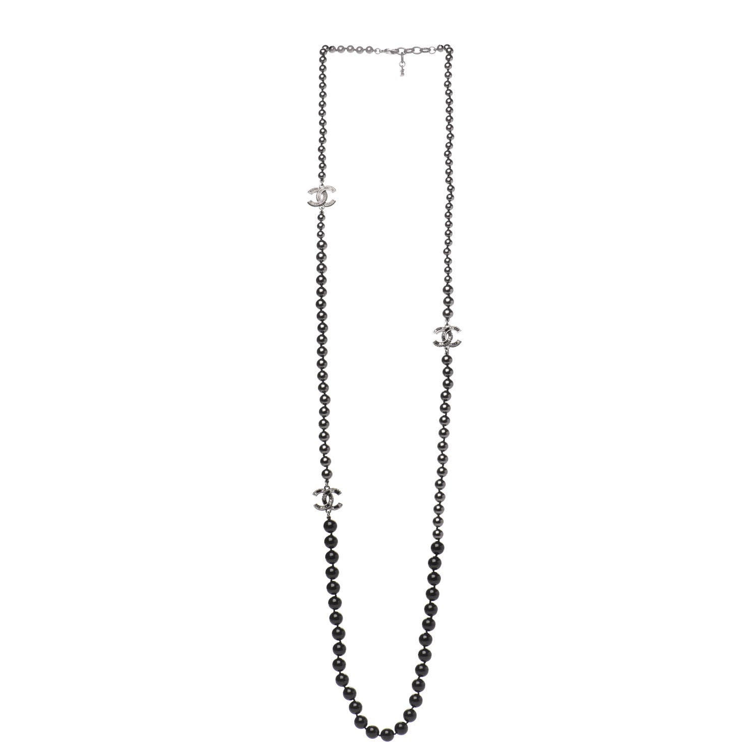 Chanel Ruthenium Crystal Baguette Pearl Beaded CC Long Necklace Black Grey 3 of 5