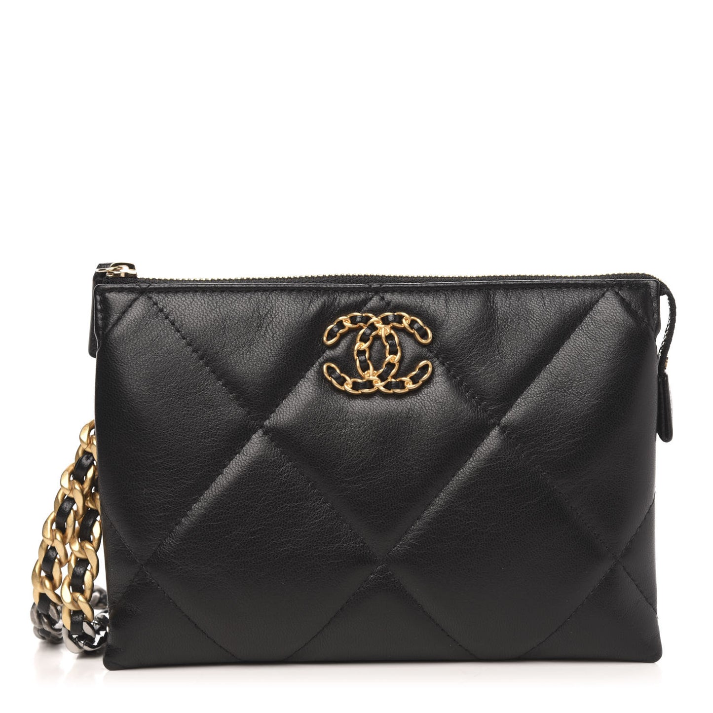 Shiny Goatskin Quilted Small Chanel 19 Pouch With Handle Black