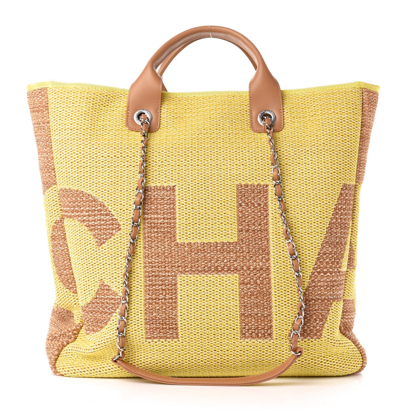 Mixed Fibers Large Shopping Bag Yellow Brown
