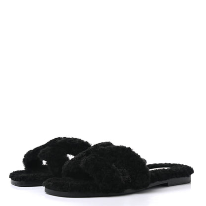 Hermes Woolskin Oran Sandals 37 Black 3 of 8