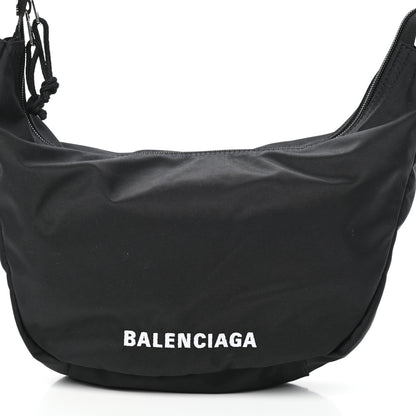 Balenciaga Recycled Sport Nylon Logo Embroidered Large Wheel Sling Bag Black White 7 of 9