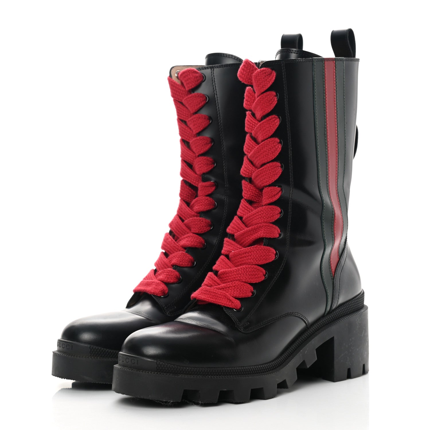 Gucci Magnum Calfskin Cirano Lux Web Lace Up Tall Combat Boots 39 Black Verde Hibiscus Red 3 of 15