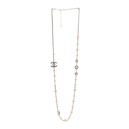 Chanel Graduated Pearl Crystal CC Long Necklace Silver 3 of 5