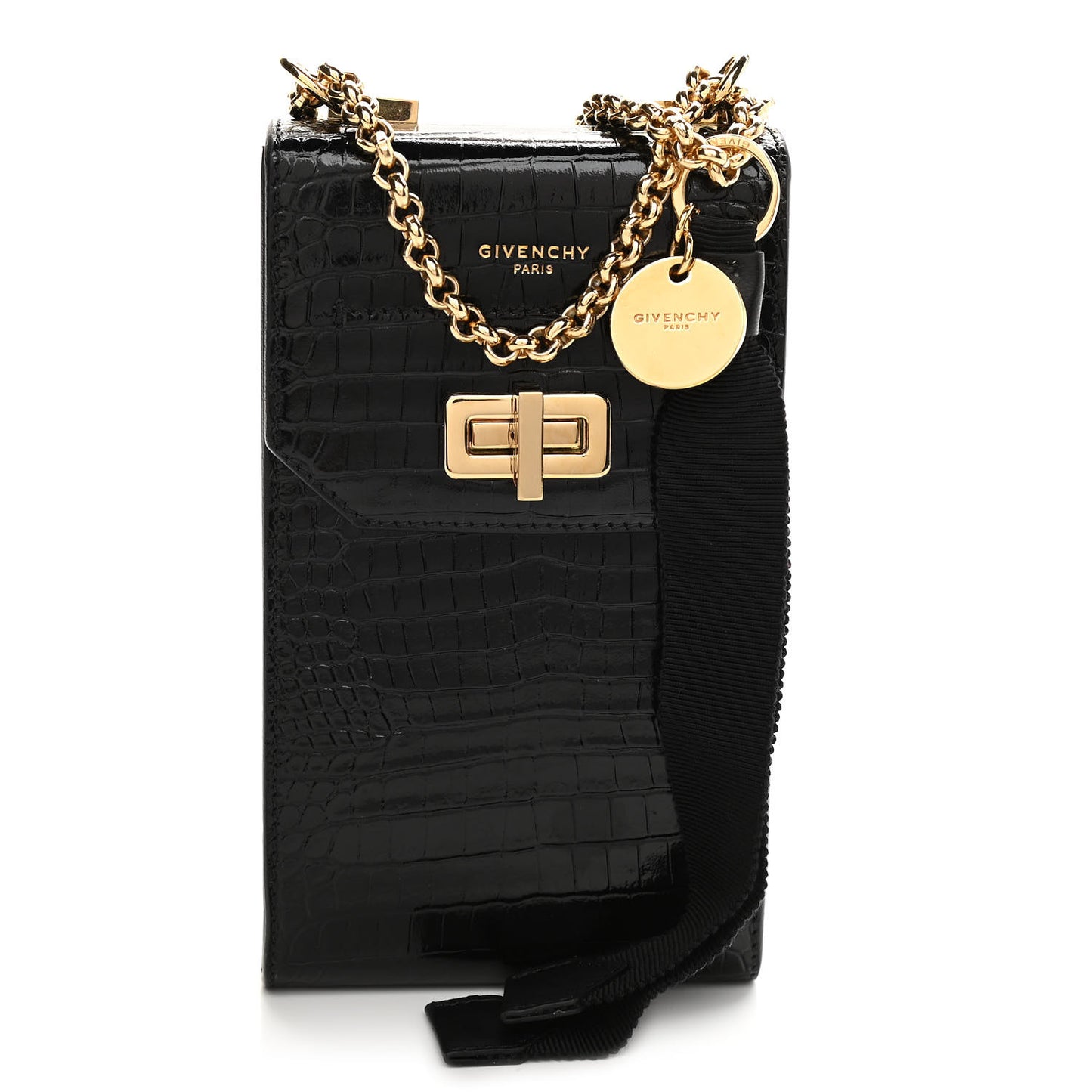 Calfskin Crocodile Embossed Mini Phone Crossbody Bag Black