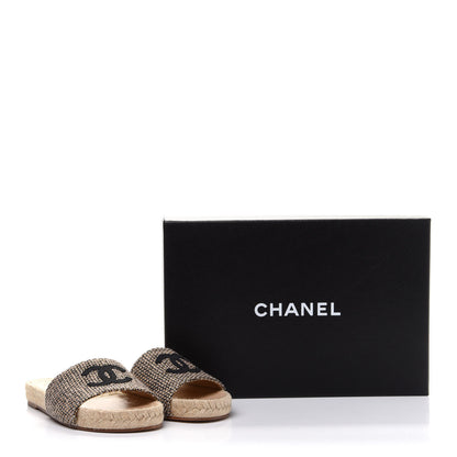 Chanel Tweed Grosgrain CC Espadrille Slip On Sandals 36 Beige Black 9 of 9