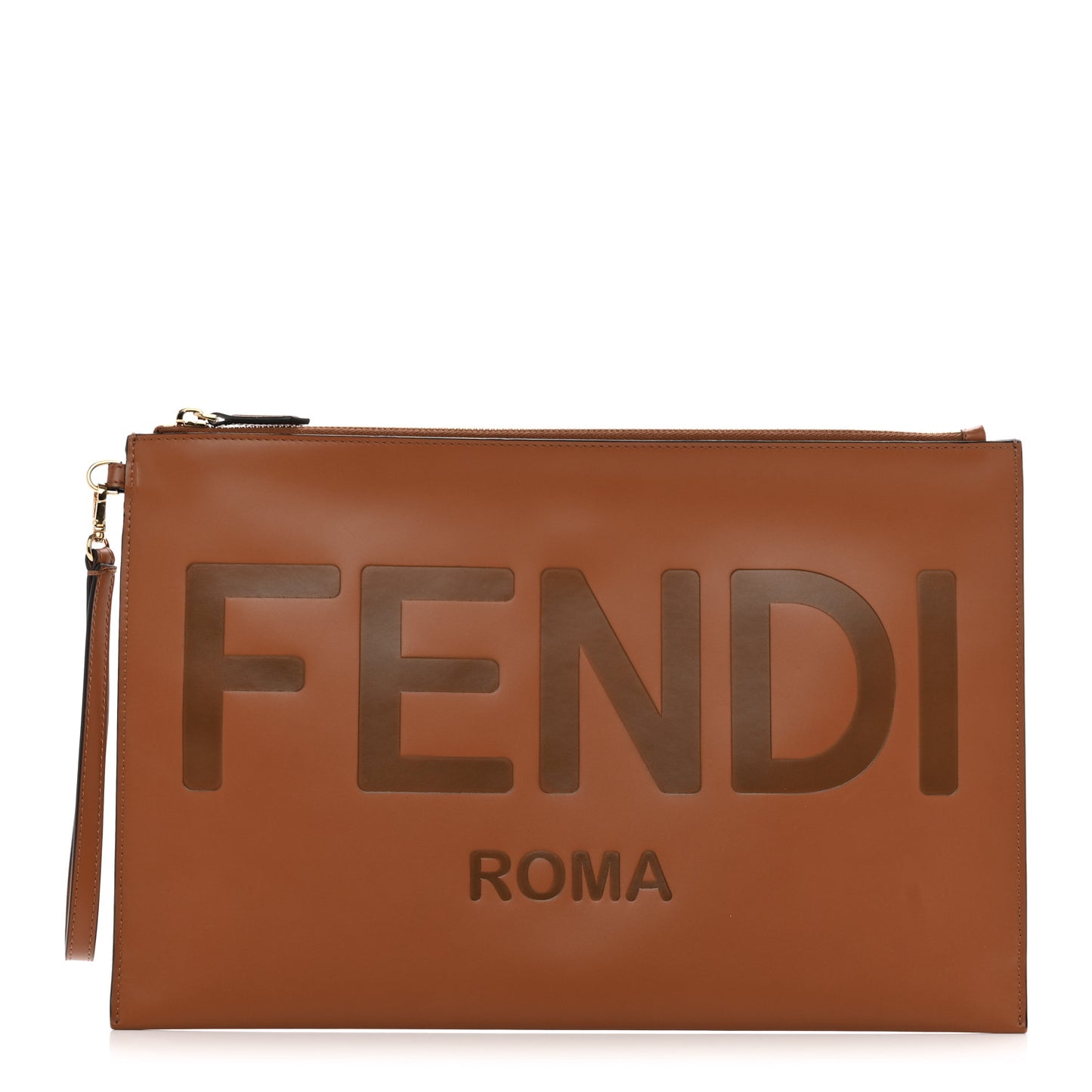 Vitello King Logo Embossed Large Flat Pouch Cuoio