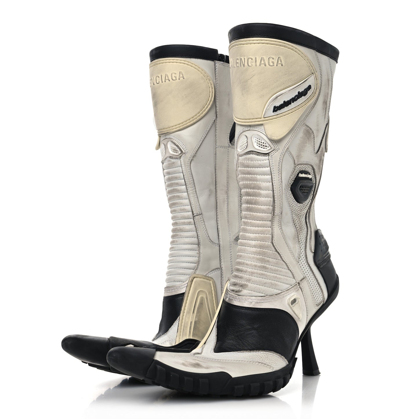 Calfskin Distressed Biker Boots 38 White Beige Black