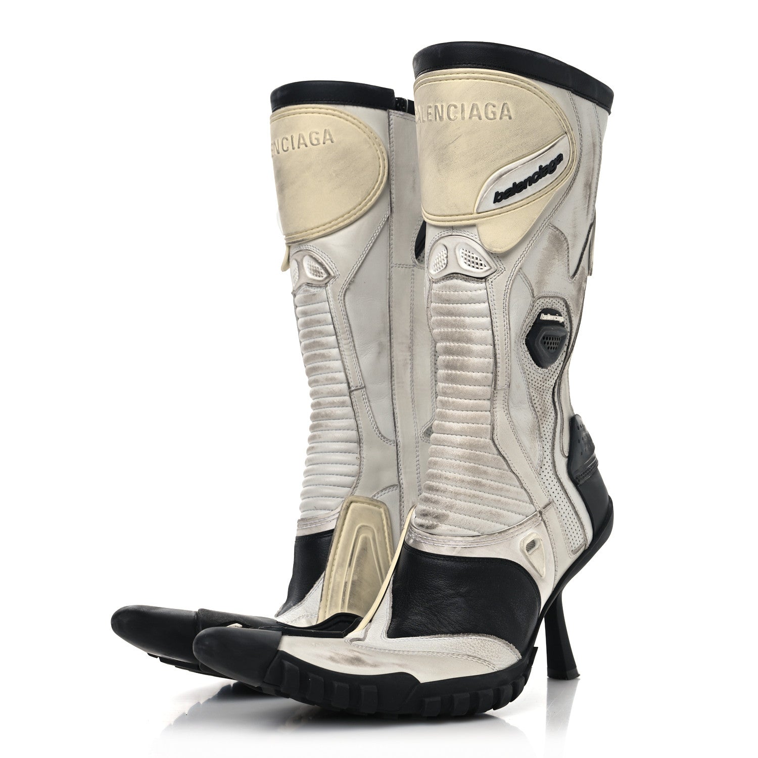 Balenciaga Calfskin Distressed Biker Boots 38 White Beige Black 3 of 7