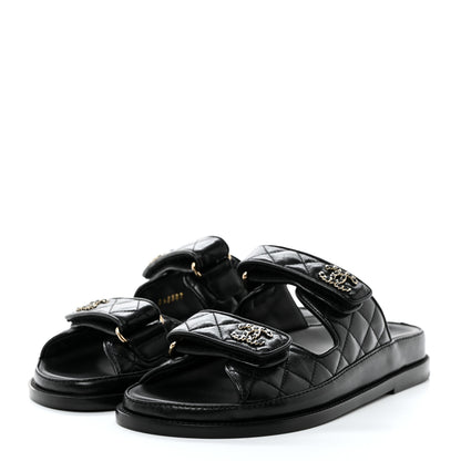 Chanel Lambskin Quilted Velcro Dad Chain CC Slide Sandals 37 Black 3 of 11