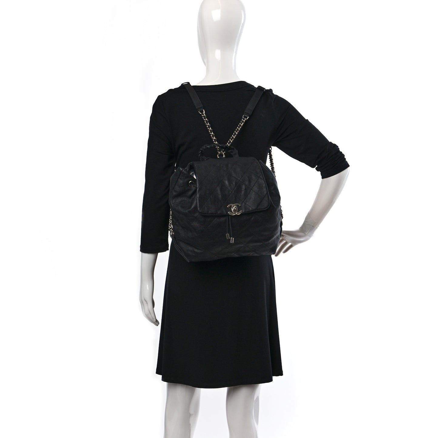 Grained Calfskin Stitched Braided With Style Backpack Black