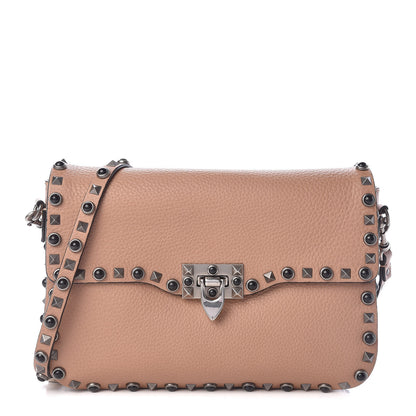 Valentino Garavani Pebbled Calfskin Medium Rockstud Rolling Flap Saddle Bag Soft Noisette 1 of 14