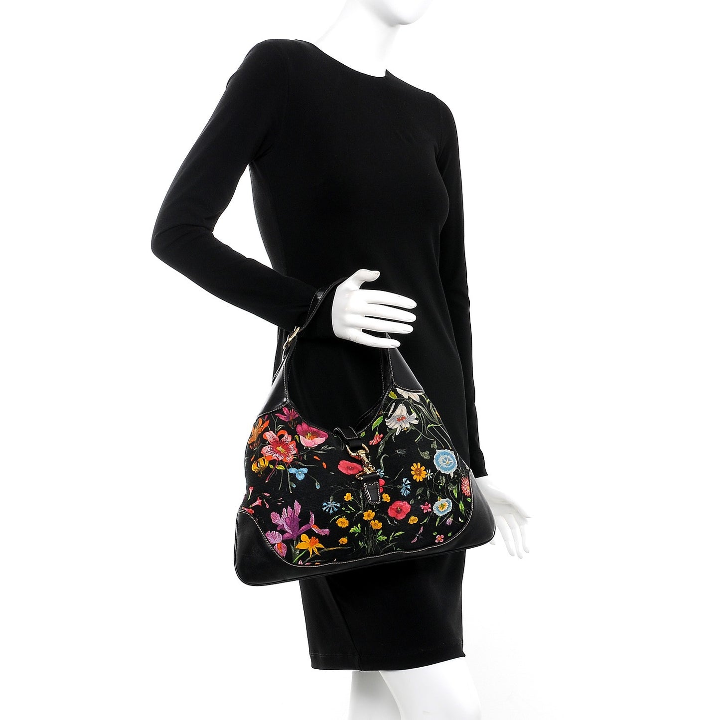 Canvas Floral Flora Medium Jackie O Bouvier Hobo Black