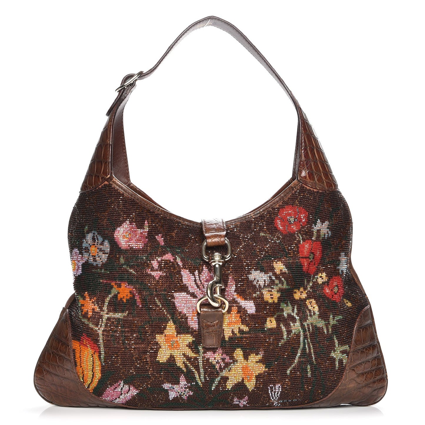Beaded Crocodile Floral Jackie Hobo Bag Brown