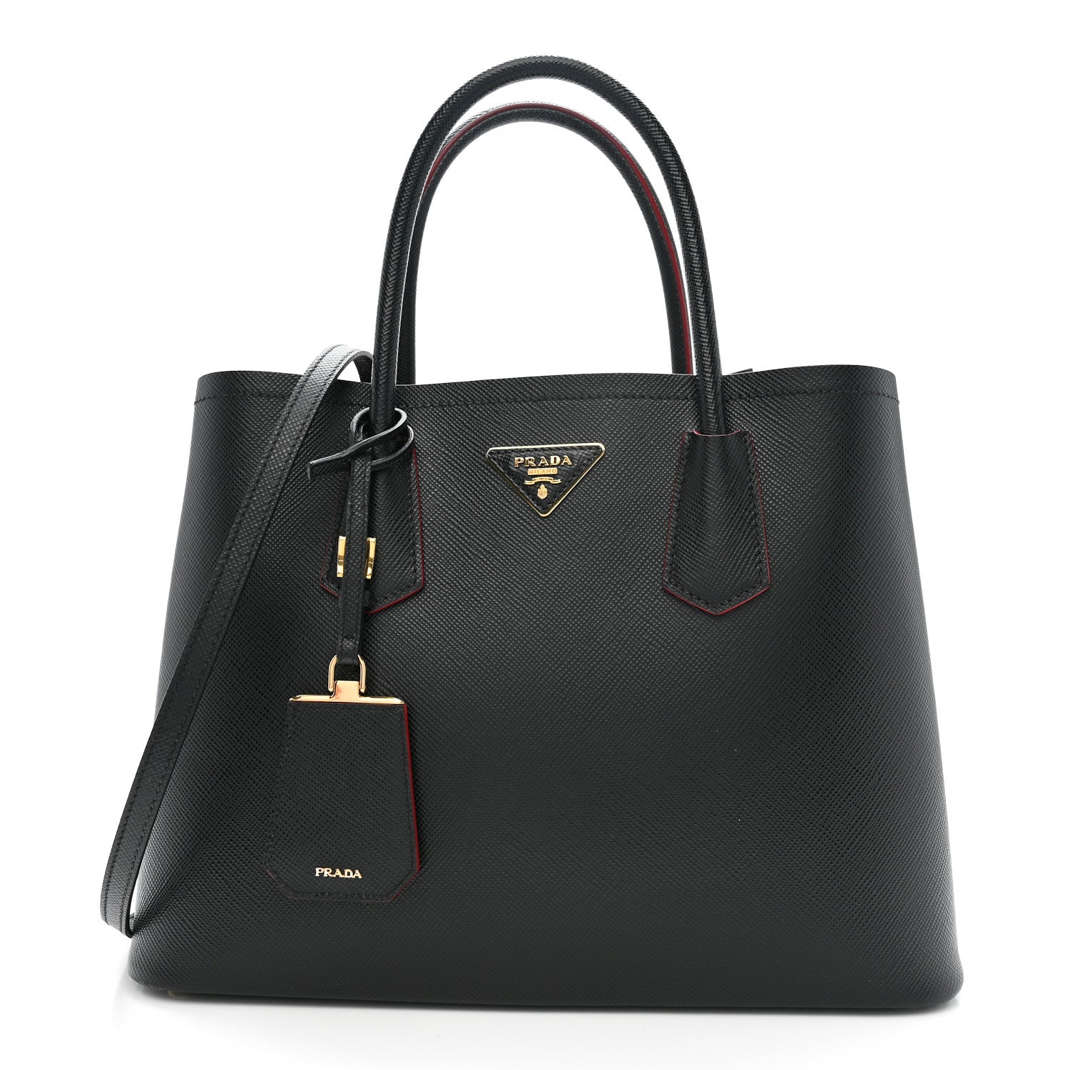 Prada Saffiano Cuir Medium Double Bag Black Fuoco 1 of 11