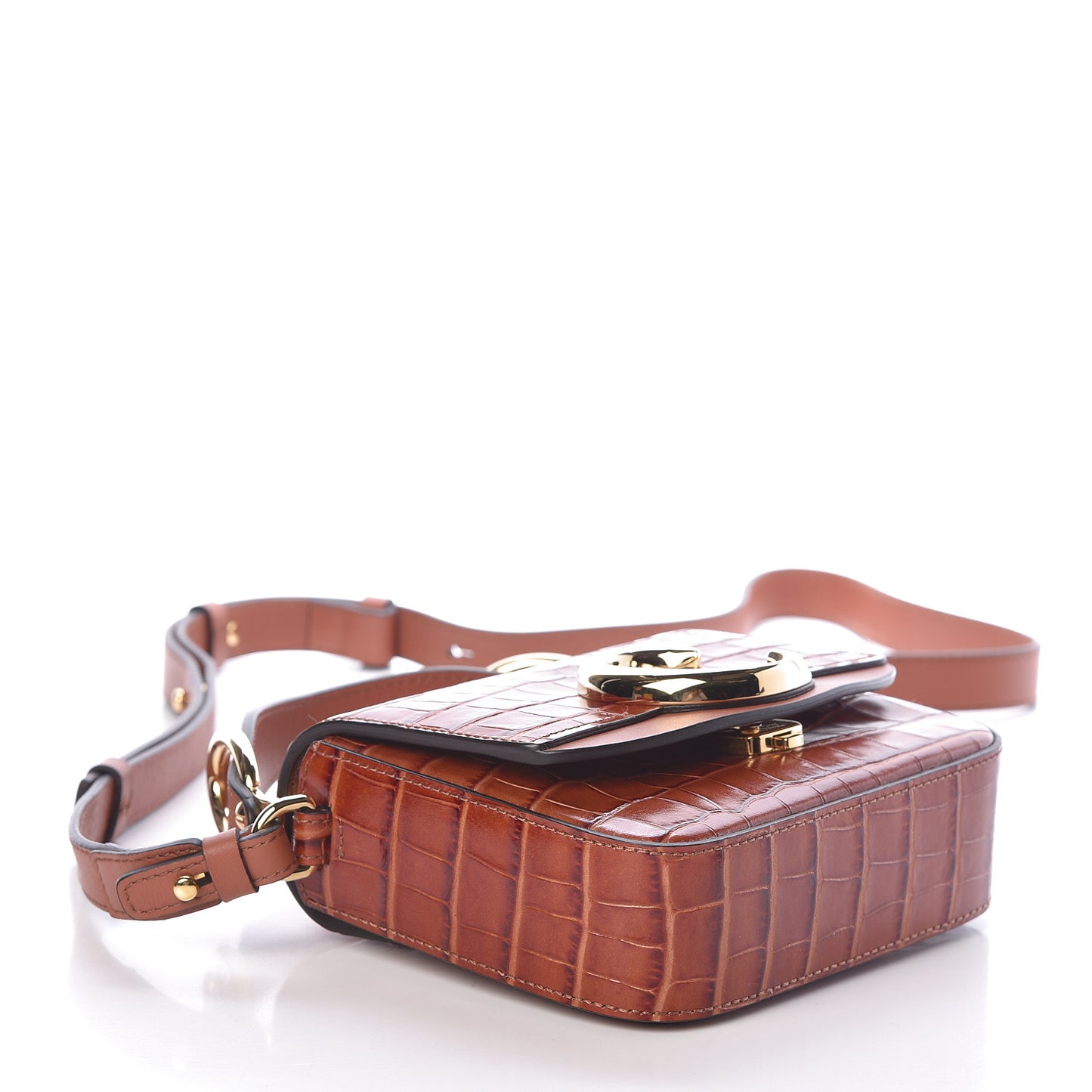 Calfskin Crocodile Embossed Mini C Double Carry Chestnut Brown