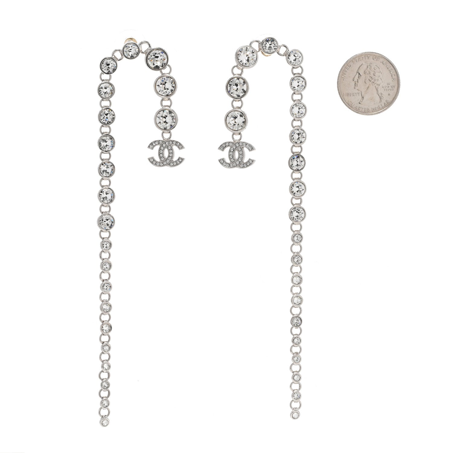 Chanel Crystal CC Long Drop Earrings Silver 2 of 5
