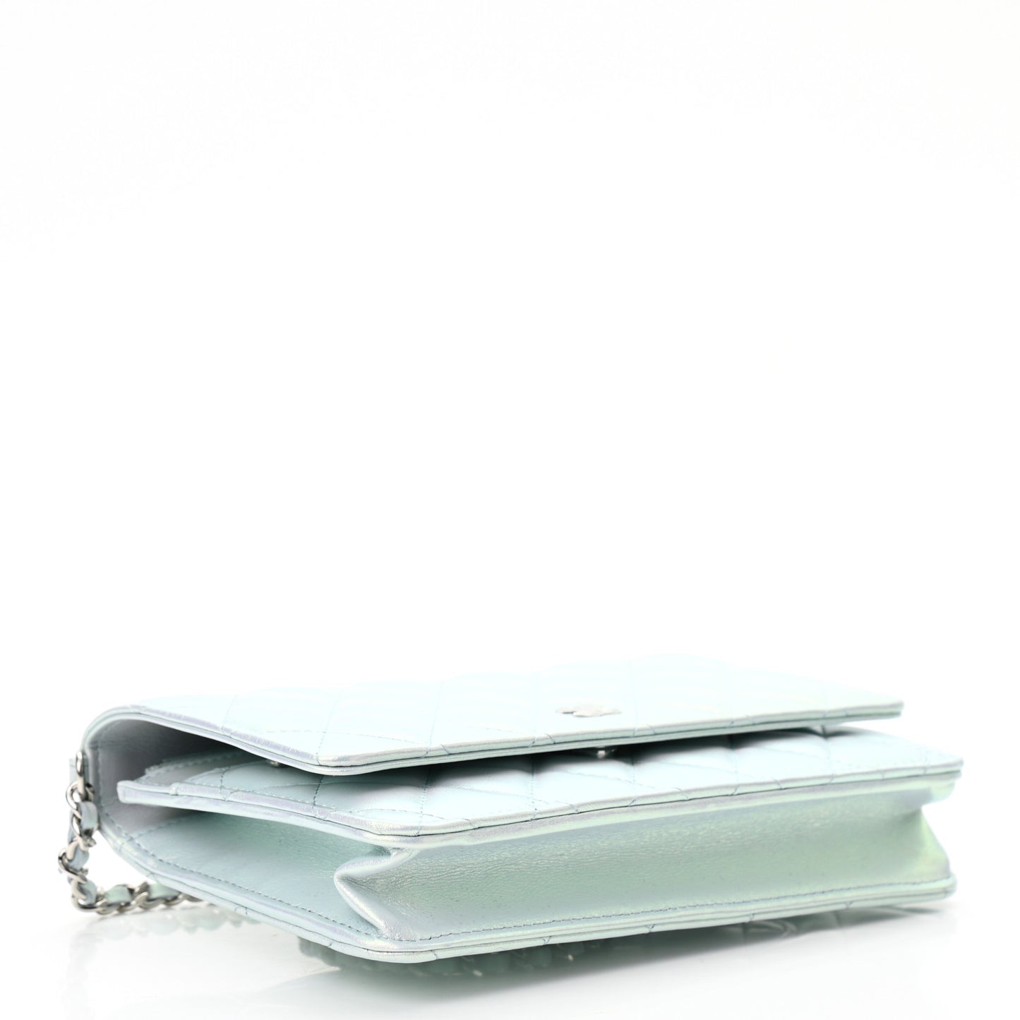 Iridescent Calfskin Quilted Wallet On Chain WOC Light Blue