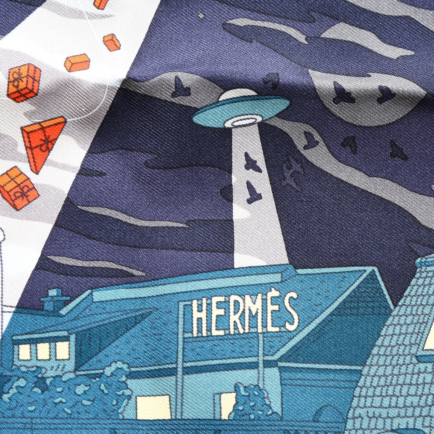 Hermes Silk Space Shopping Au Faubourg Pocket Square Bleu Nuit Bordeaux 5 of 5