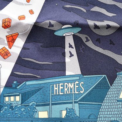 Hermes Silk Space Shopping Au Faubourg Pocket Square Bleu Nuit Bordeaux 5 of 5