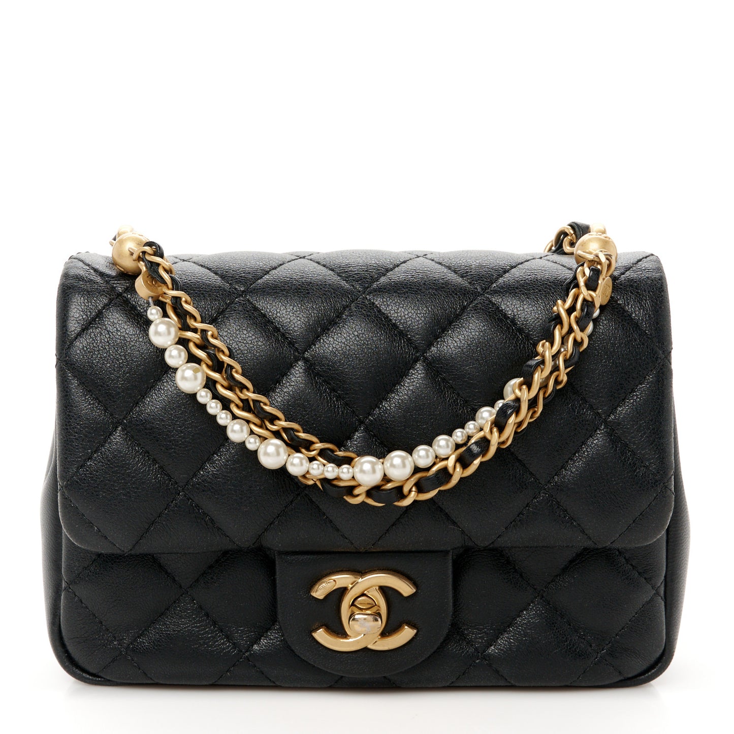 Shiny Lambskin Quilted Pearl Twist Mini Square Flap Black
