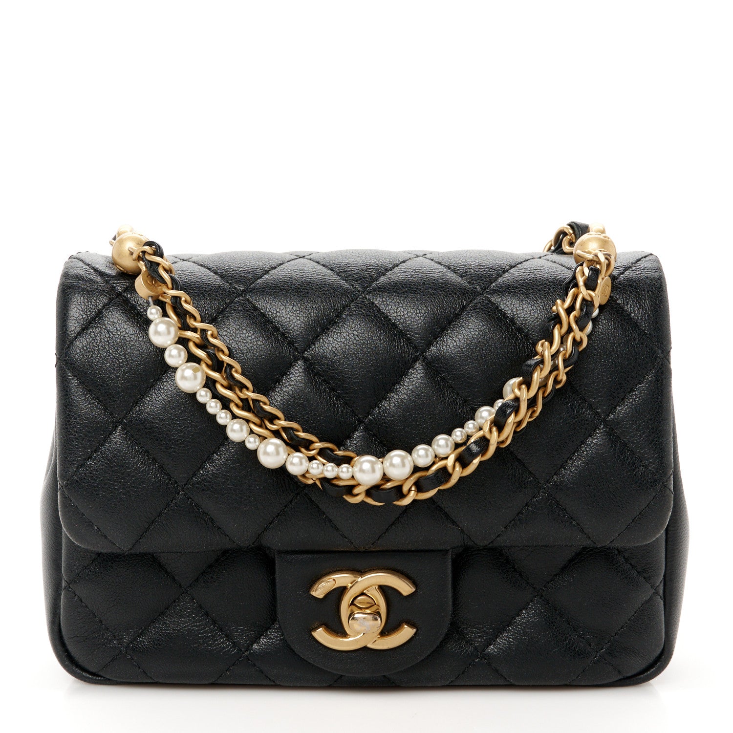 Chanel Shiny Lambskin Quilted Pearl Twist Mini Square Flap Black 1 of 11