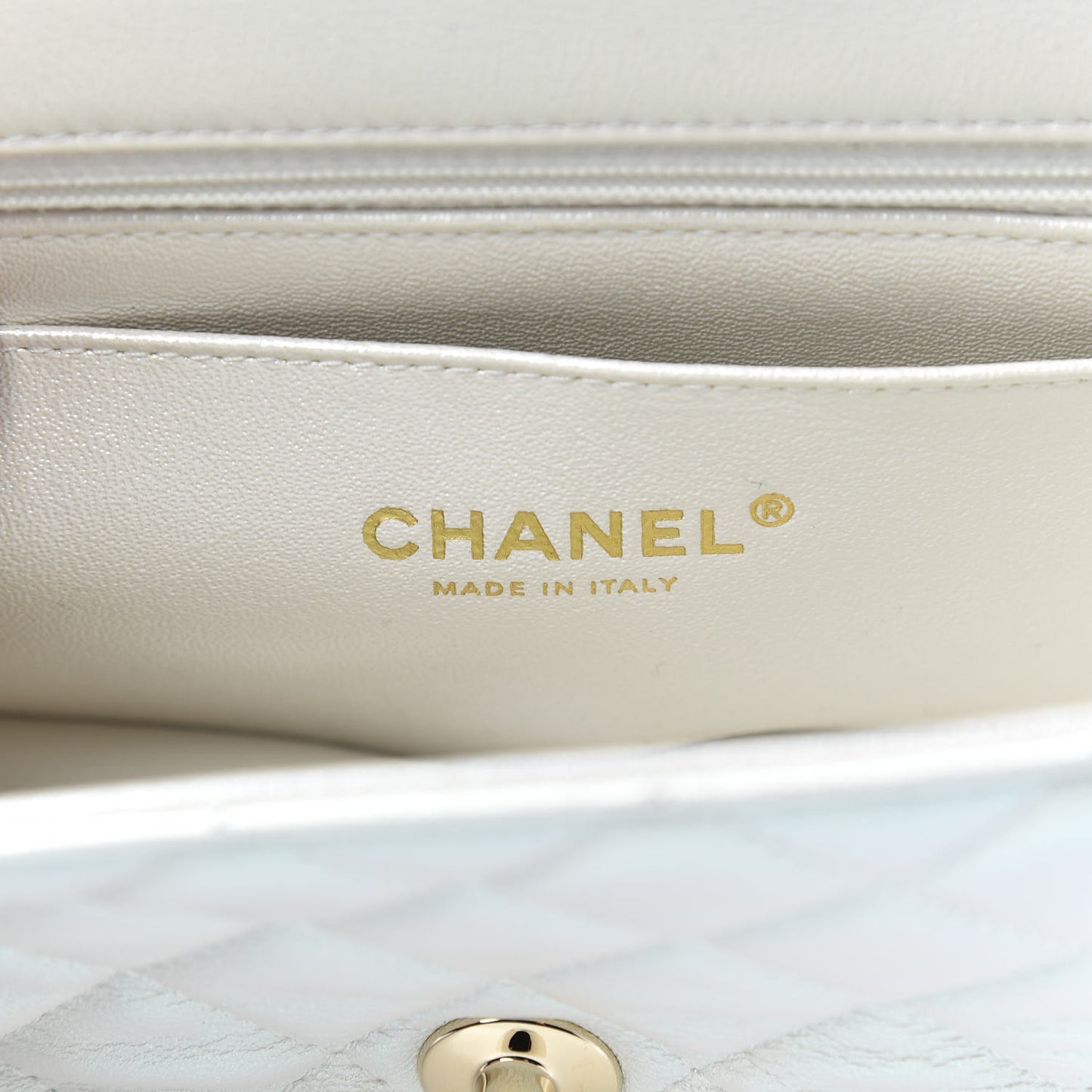 Iridescent Calfskin Quilted Mini Rectangular Flap White