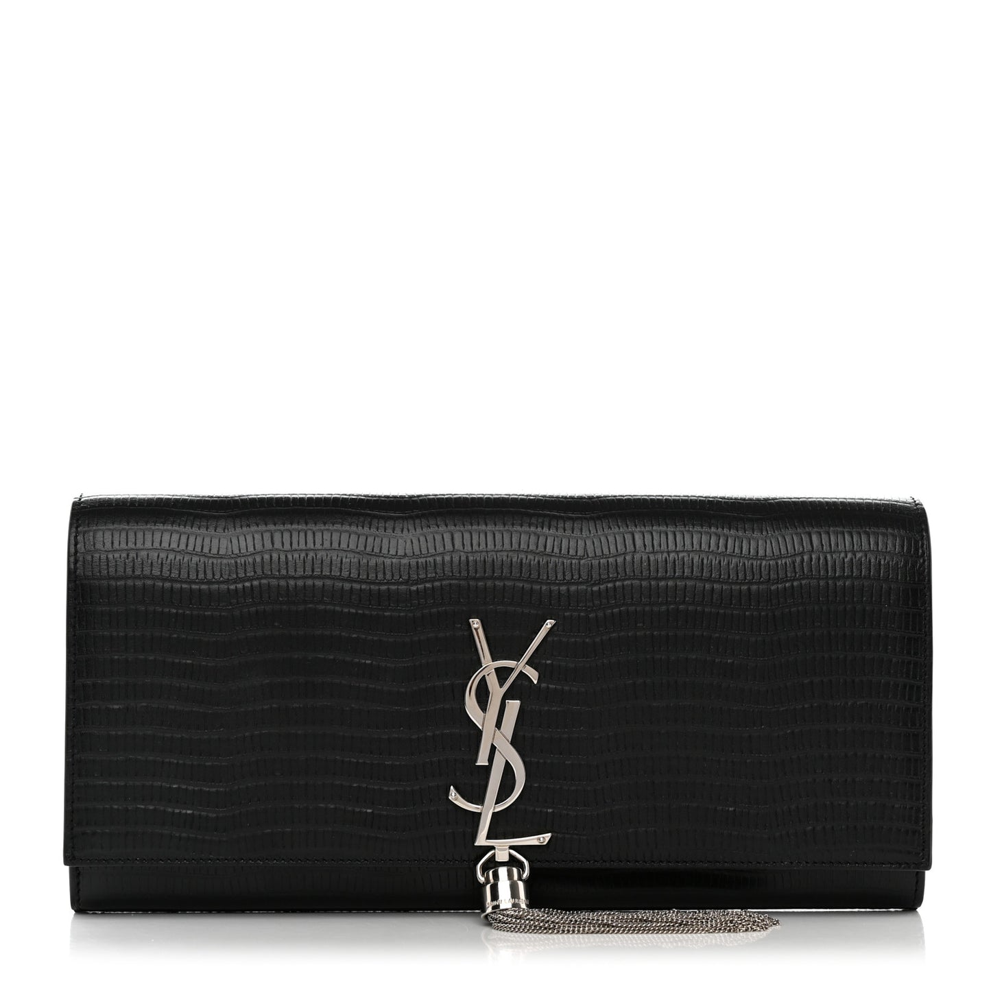 Calfskin Lizard Embossed Classic Monogram Tassel Clutch Black