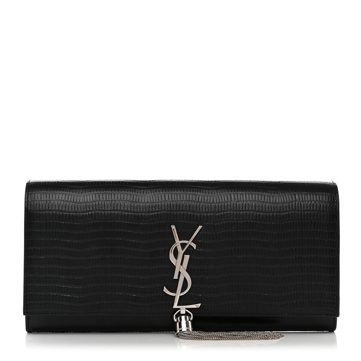 Saint Laurent Calfskin Lizard Embossed Classic Monogram Tassel Clutch Black 1 of 6