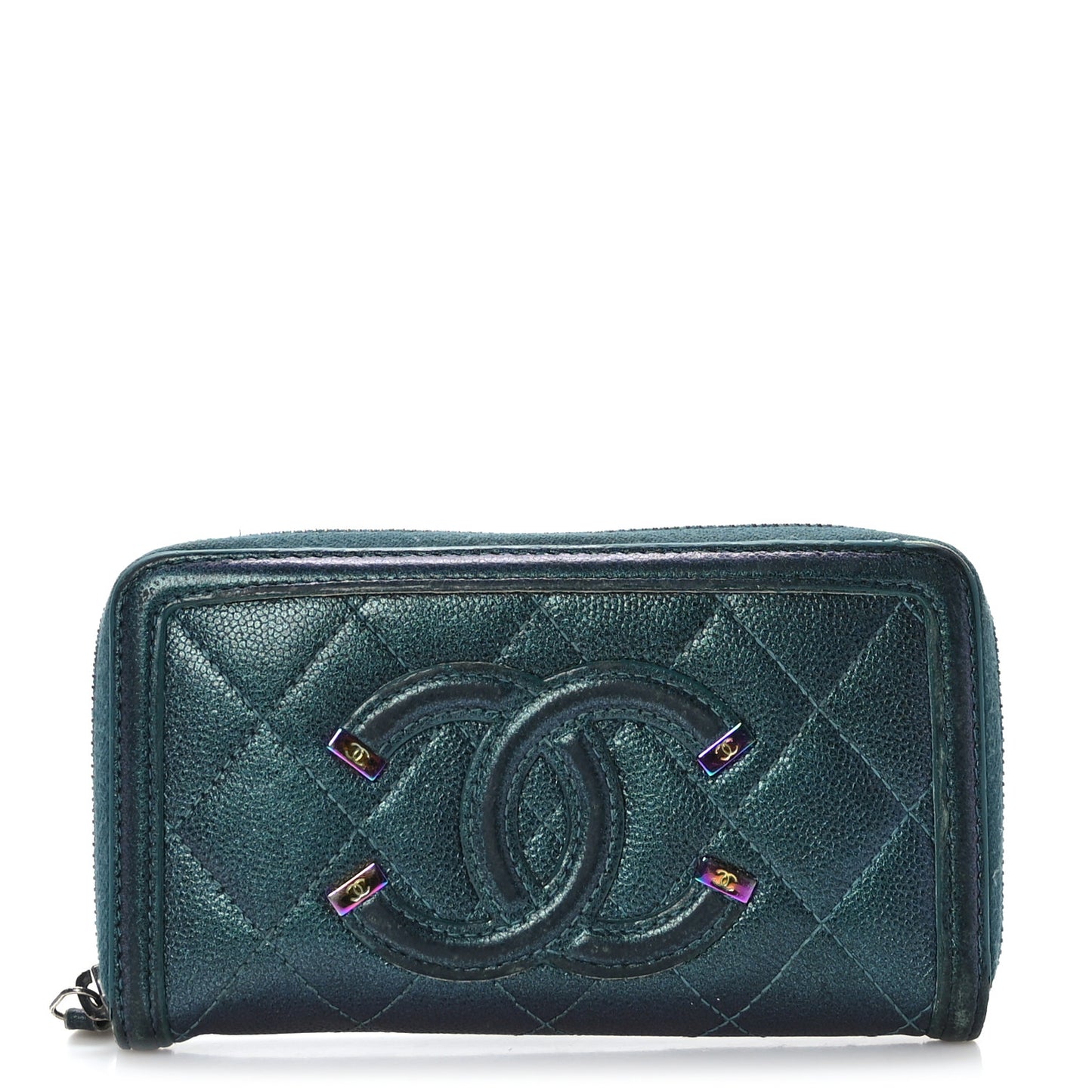 Iridescent Caviar Quilted Medium Filigree Zip Around Wallet Dark Turquoise