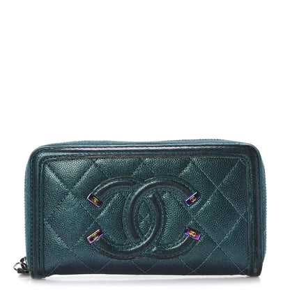 Chanel Iridescent Caviar Quilted Medium Filigree Zip Around Wallet Dark Turquoise 1 of 14