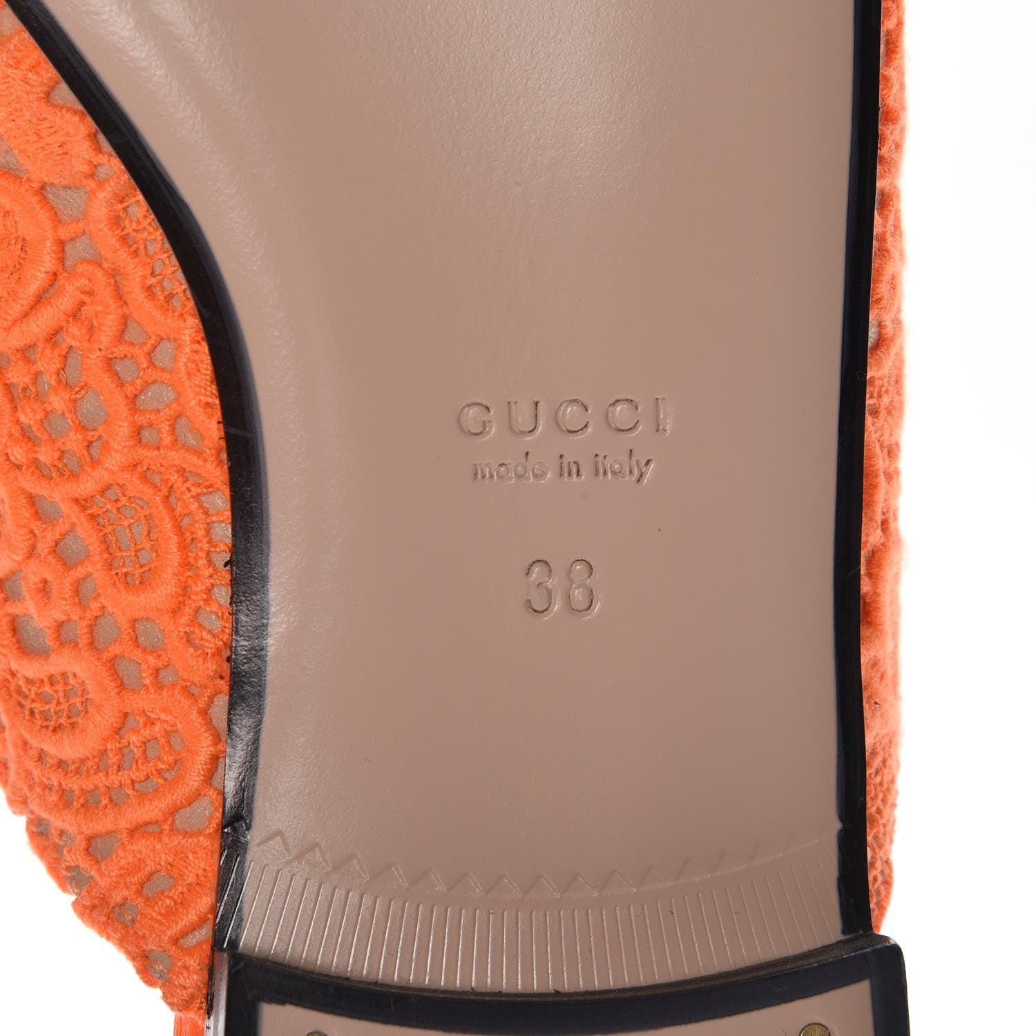 Gucci Lace Malaga Kid Womens Princetown Slippers 38 Orange Fluo Skin Rose 6 of 9