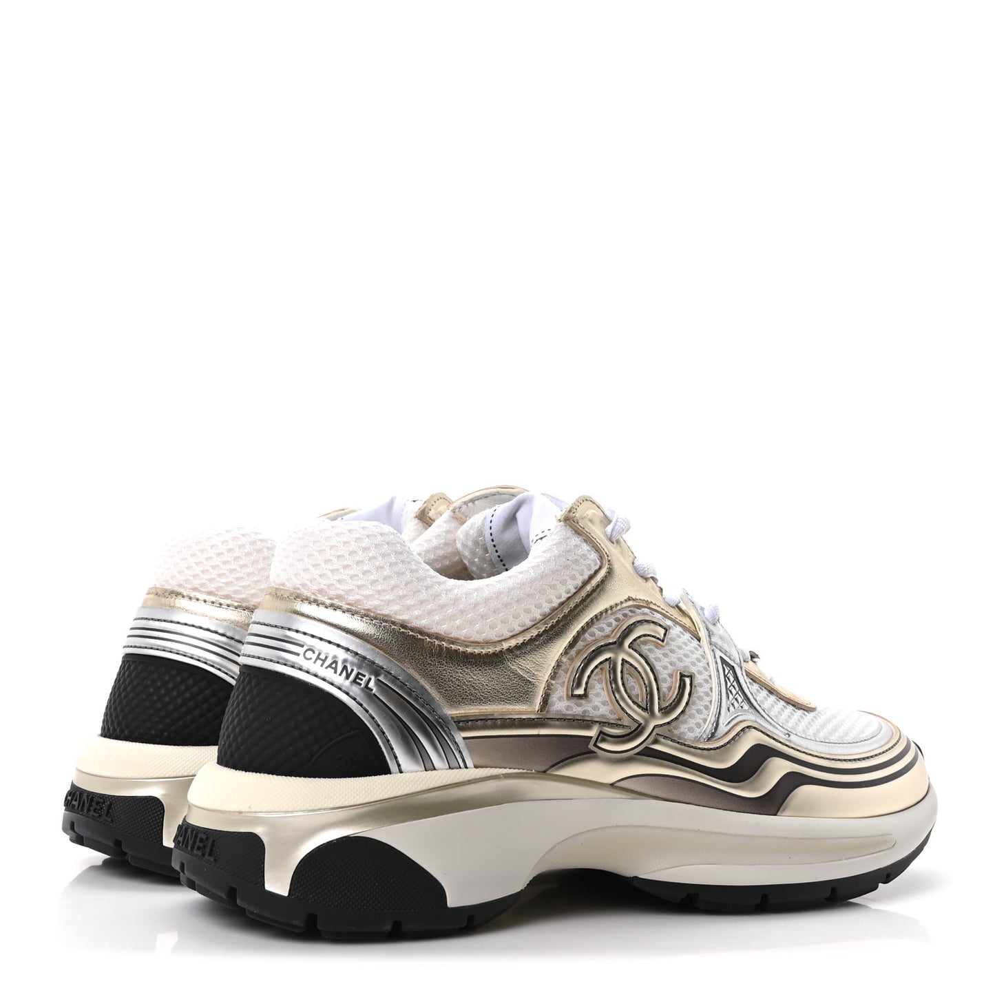 Fabric Laminated Calfskin Stretch CC Sneakers 36.5 White Gold Silver