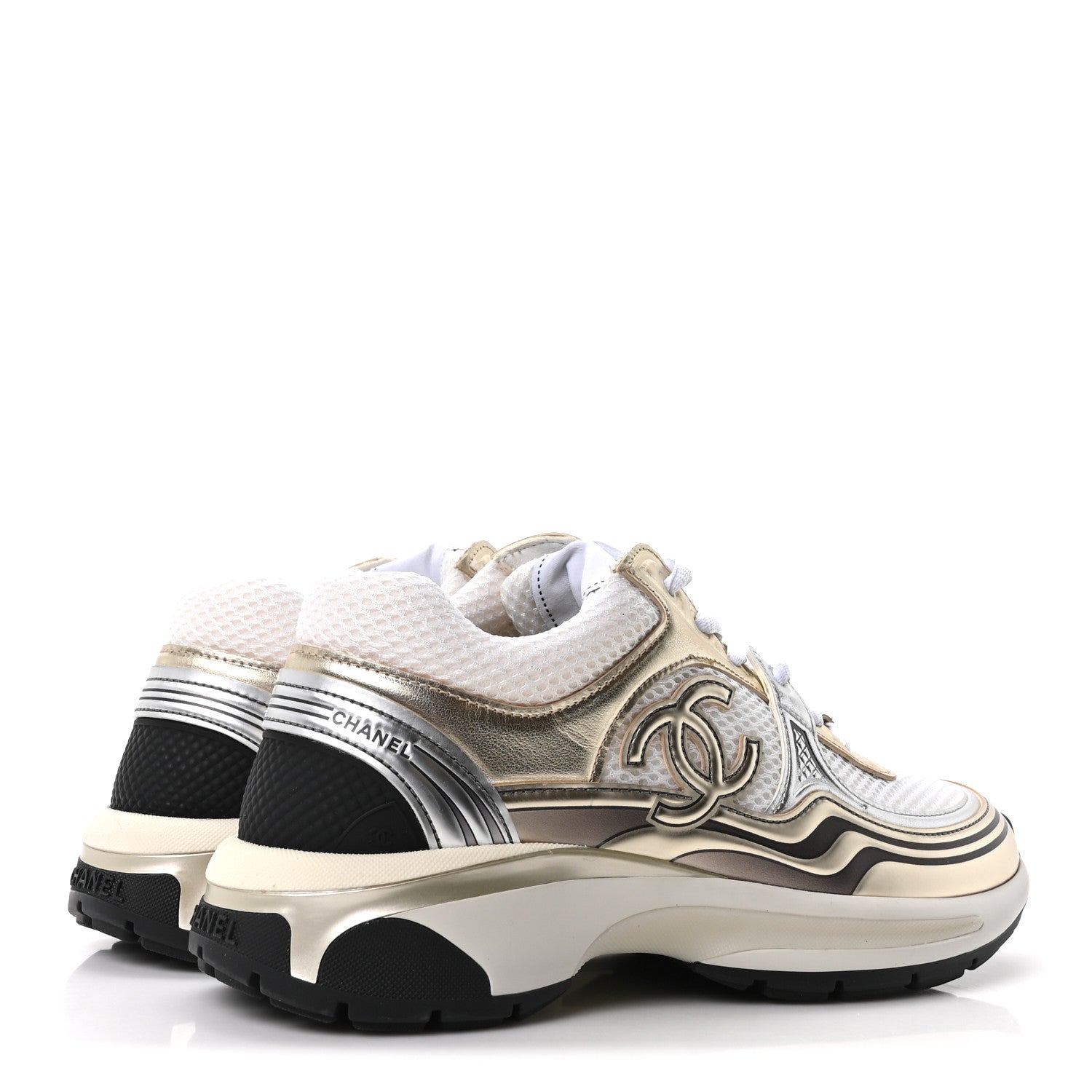 Chanel Fabric Laminated Calfskin Stretch CC Sneakers 36.5 White Gold Silver 5 of 10