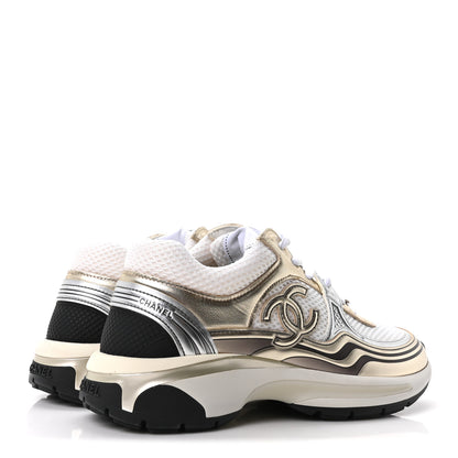 Chanel Fabric Laminated Calfskin Stretch CC Sneakers 36.5 White Gold Silver 5 of 10