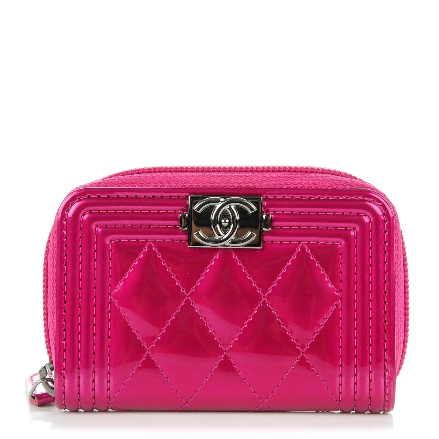 Patent Quilted Zip Around Boy Coin Purse Wallet Fuchsia