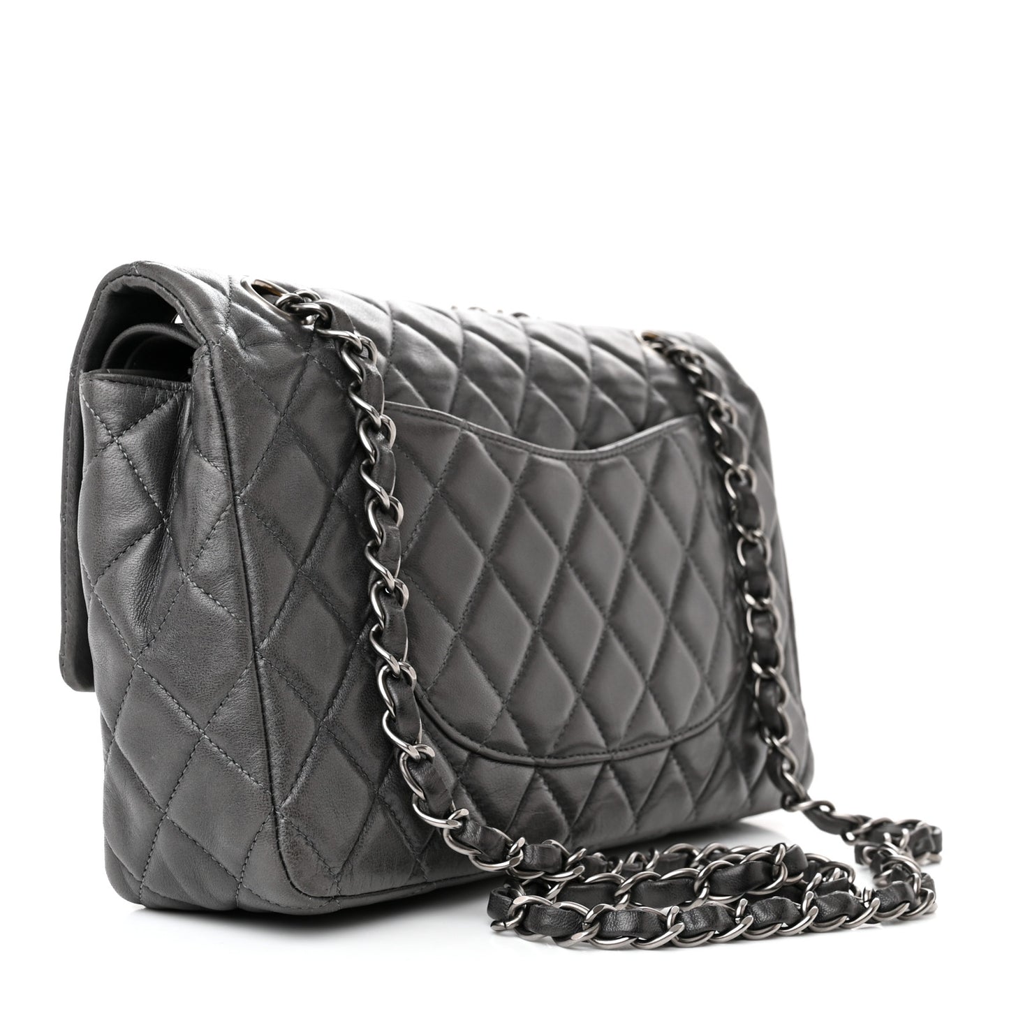 Lambskin Quilted Medium Double Flap Dark Grey