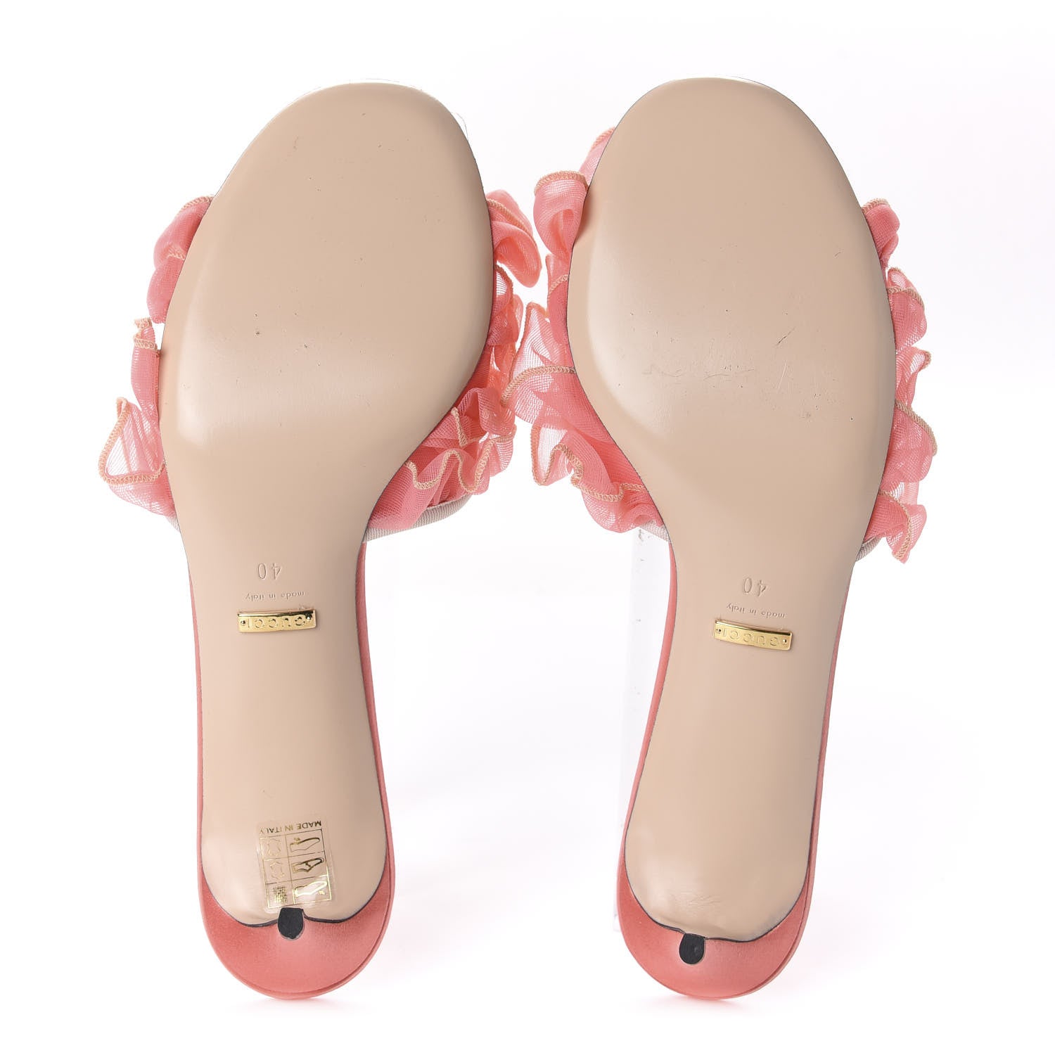 Gucci Tulle Ruffle Low Heel Slide Sandals 40 Peach White 5 of 12
