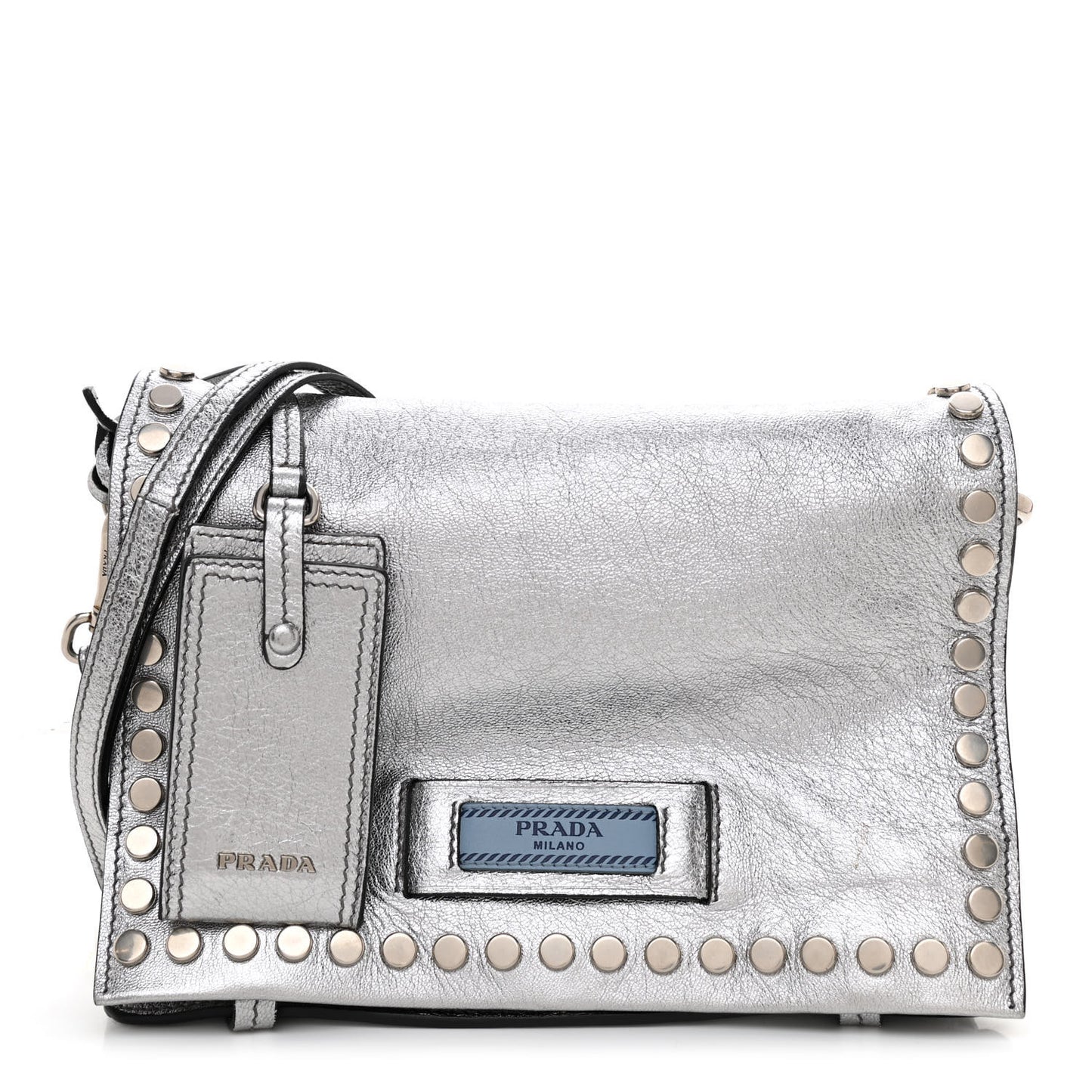 Metallic Glace Calfskin Studded Etiquette Flap Cromo Astrale