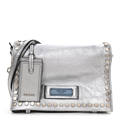 Prada Metallic Glace Calfskin Studded Etiquette Flap Cromo Astrale 1 of 10