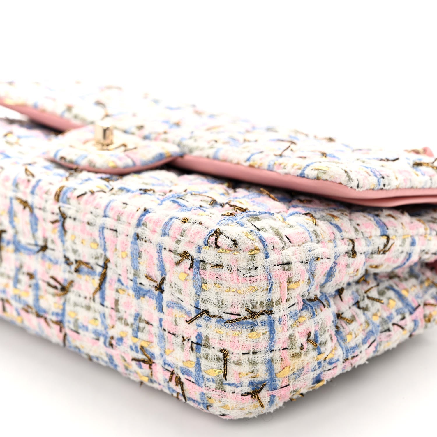 Chanel Tweed Quilted Medium Double Flap Blue Pink Gold White 10 of 11