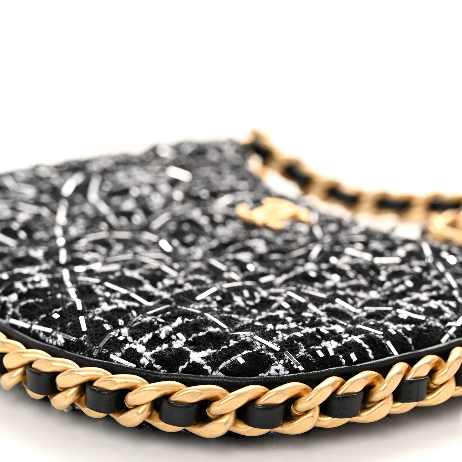 Chanel Tweed Sequin Quilted Trendy Chain Around Hobo Black White 10 of 11