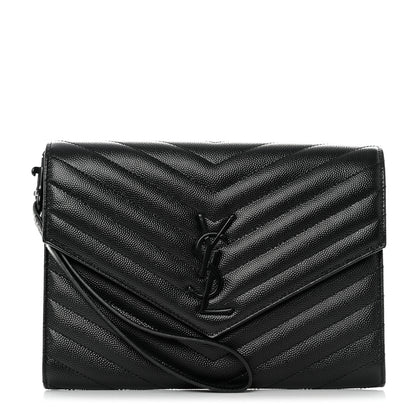 Saint Laurent Grain De Poudre Matelasse Chevron Monogram Envelope Clutch Black 1 of 7