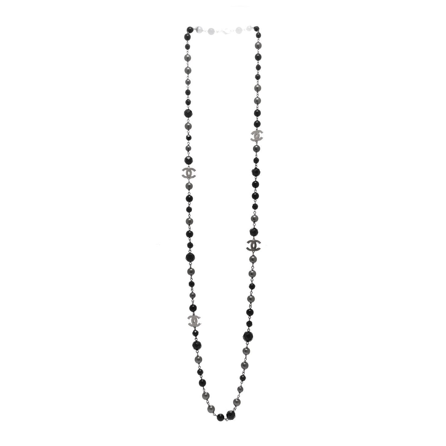 Ruthenium Pearl Beaded CC Long Necklace Black