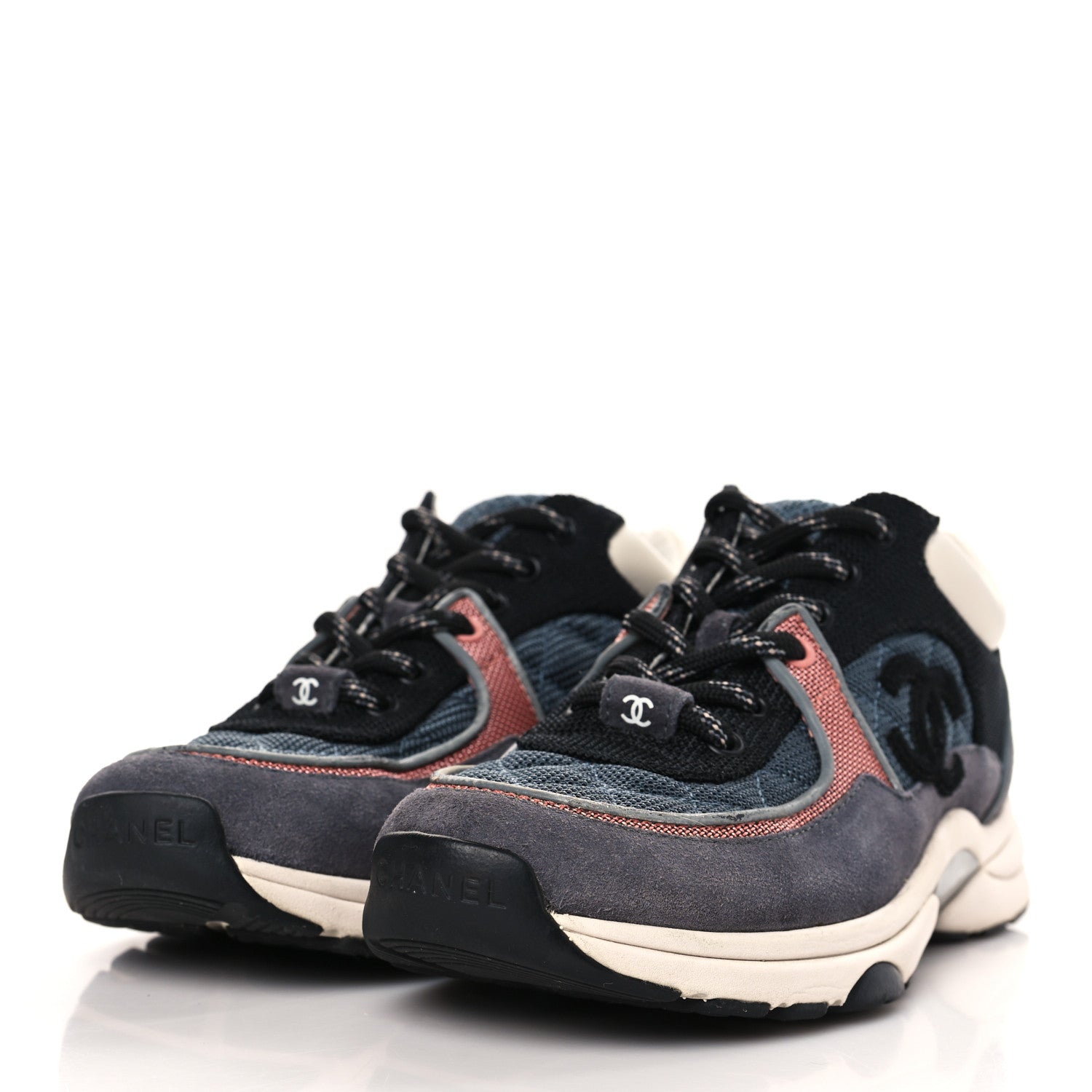 Chanel Nylon Calfskin Suede Womens CC Sneakers 36 Grey Pink 3 of 8