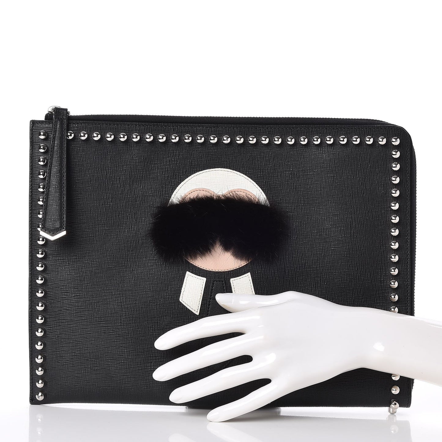 Vitello Elite Mink Fur Studded Karlito Zip Around Pouch Black