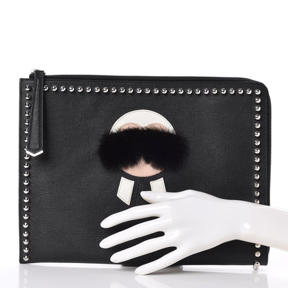 Fendi Vitello Elite Mink Fur Studded Karlito Zip Around Pouch Black 2 of 7