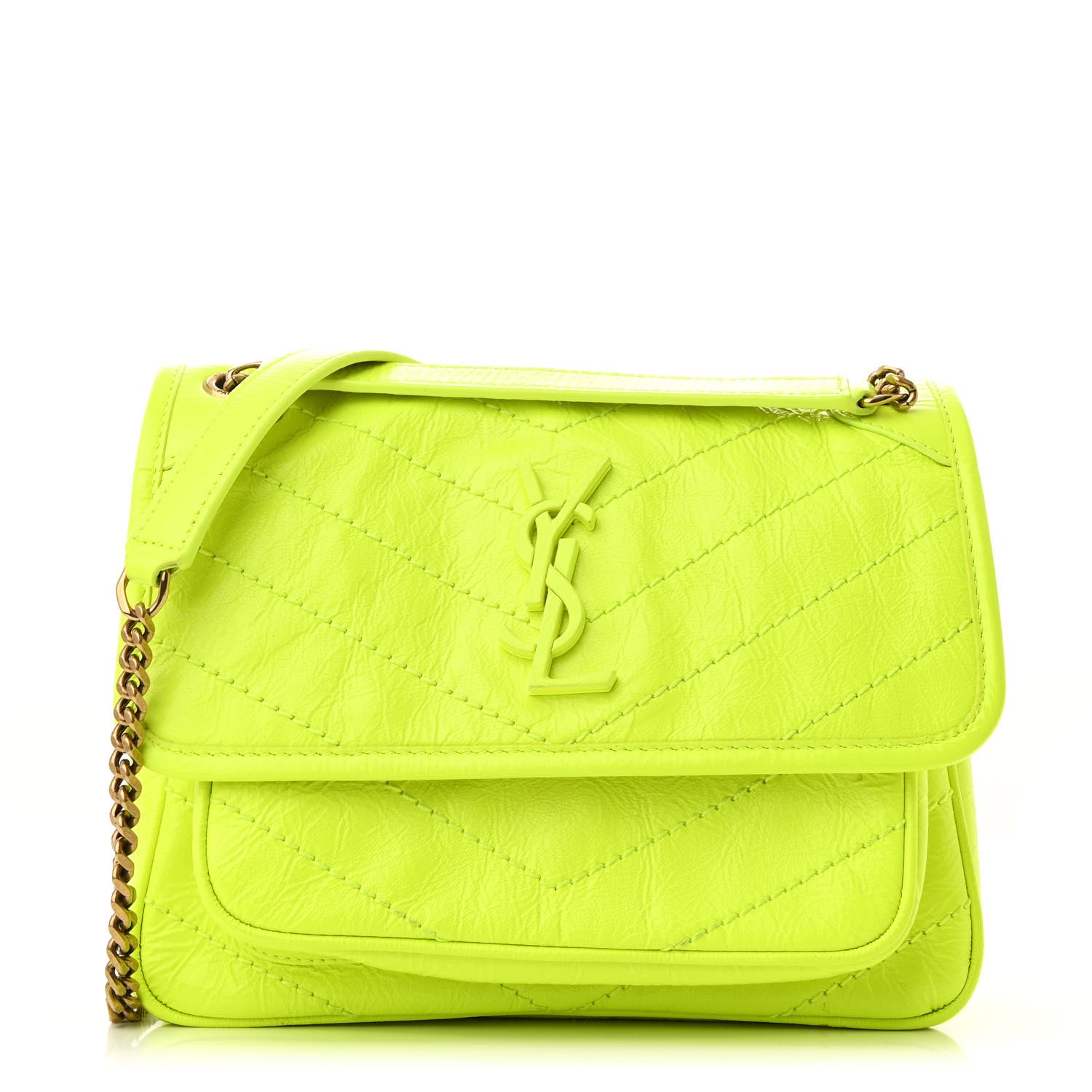 Saint Laurent Crinkled Calfskin Matelasse Monogram Baby Niki Chain Satchel Flou Yellow 1 of 12
