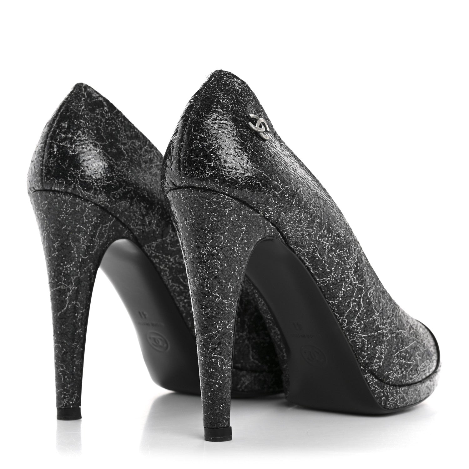 Chanel Metallic Crackled Calfskin Patent Cap Toe Pumps 41 Silver Black 5 of 10