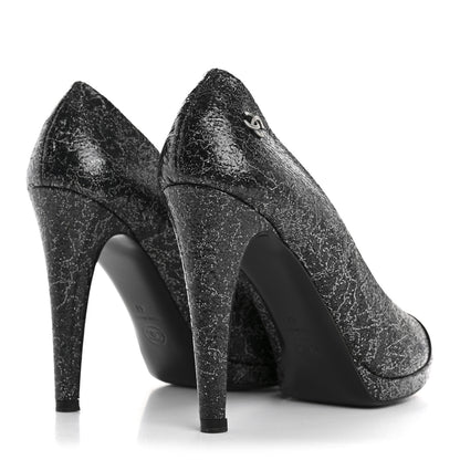 Chanel Metallic Crackled Calfskin Patent Cap Toe Pumps 41 Silver Black 5 of 10