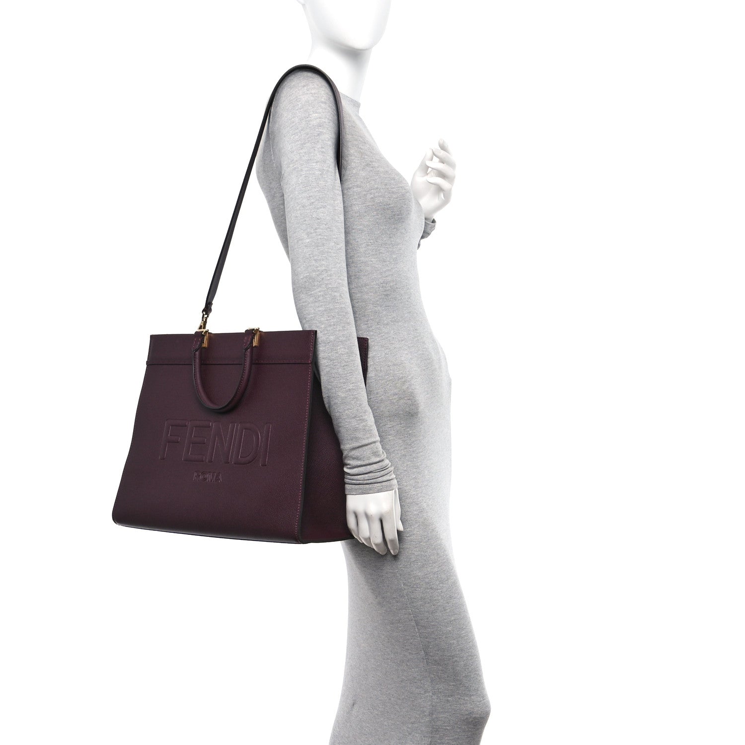 Fendi Vitello Cher Logo Debossed Medium Fendi Sunshine Shopper Tote Granata 2 of 11